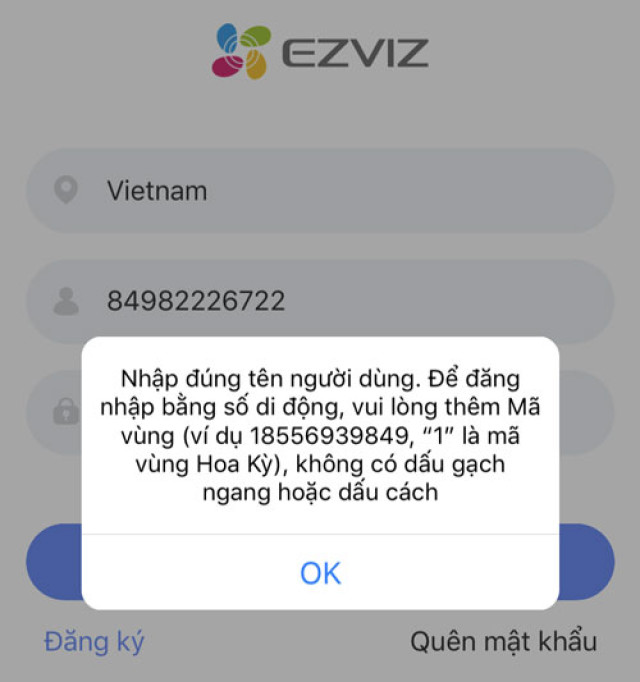 Lỗi đăng nhập ezviz